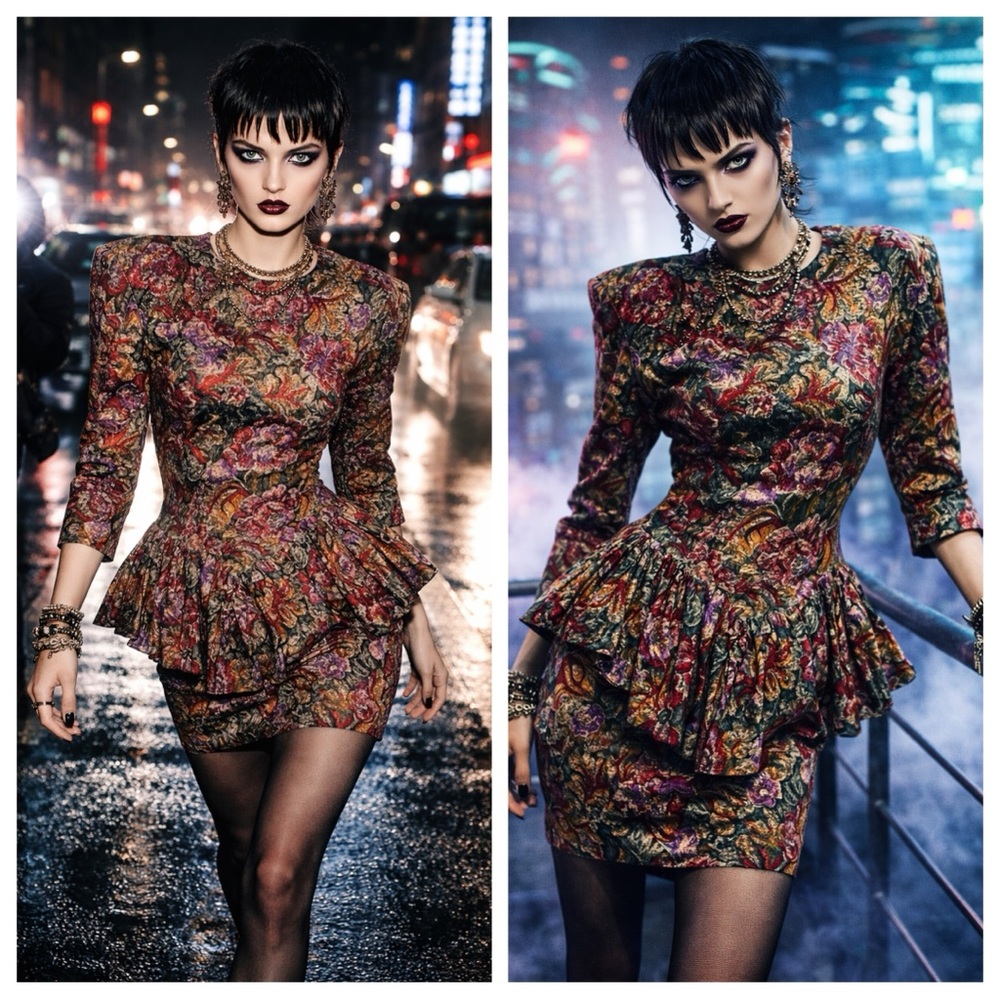 VTG 80s Dark Floral Peplum Dress Avant Garde Power Silhouette Editorial Goth 6